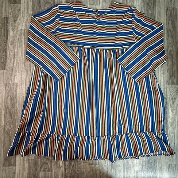 Velzera NWT 3XL Blue Multi Stripe Long Sleeve Ruffle Hem Tunic Dress Boho - Picture 2 of 8